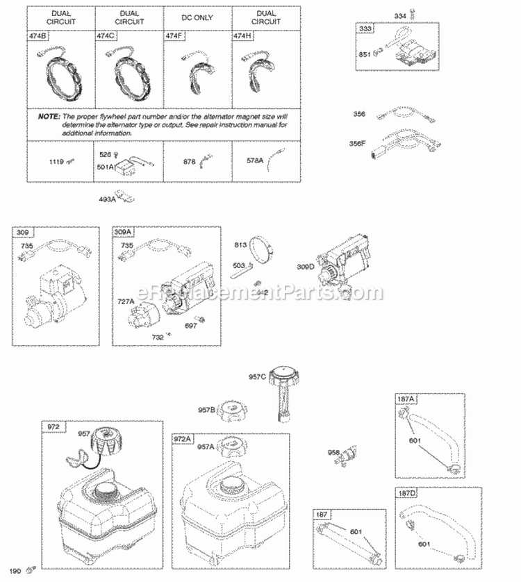 Alternator Electric Starter Fuel Supply Ignition Diagram and Parts List for 21M214-0137-E1  Briggs and Stratton Engine